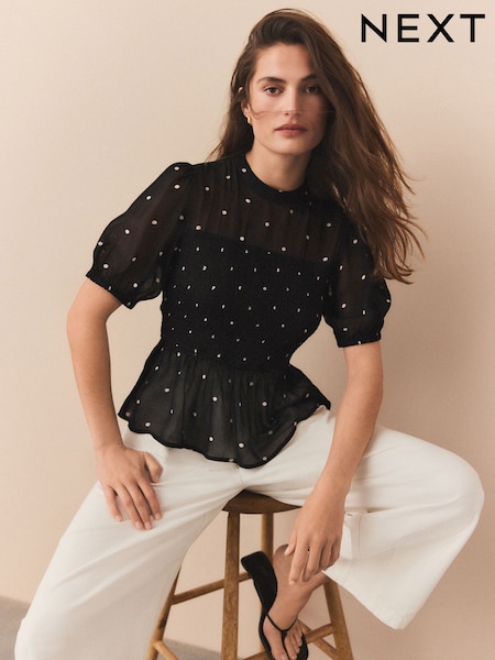Black/White Spot Sheer Short Sleeve Smock Top (AR6873) | £32