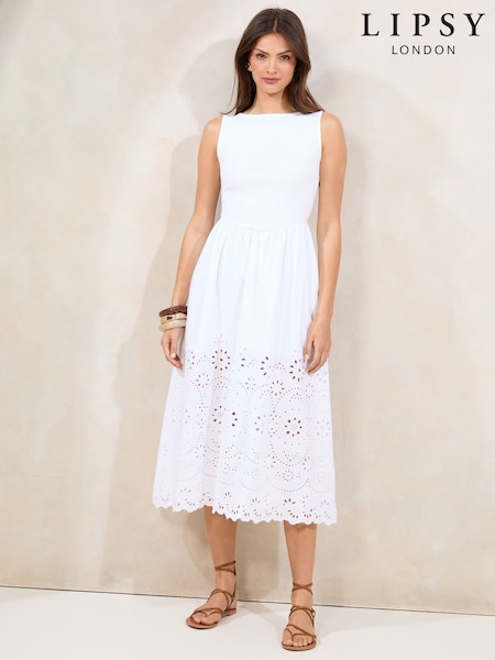 Lipsy White Hybrid Jersey Borderie Mix Midi Dress (AR6912) | £55