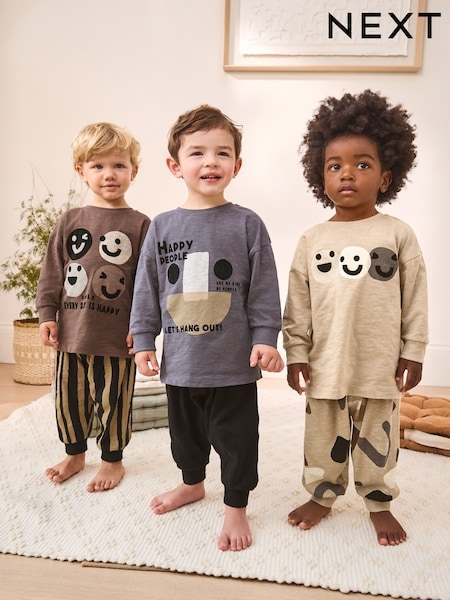 Brown/Cream Happy Face Oversized Pyjamas 3 Pack (9mths-10yrs) (AR6918) | £26 - £32