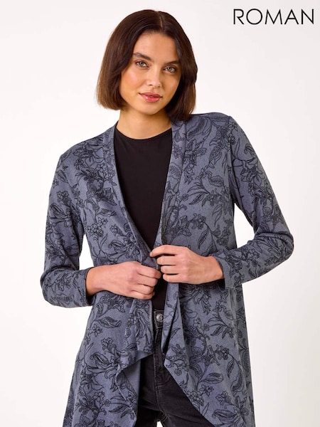 Roman Grey Linear Floral Print Gathered Cardigan (AR7259) | £32