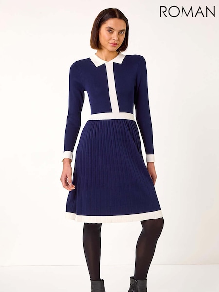 Roman Blue Contrast Collar Knitted Dress (AR7268) | £55
