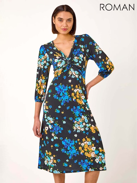 Roman Blue Twist Detail Floral Print Midi Dress (AR7270) | £50