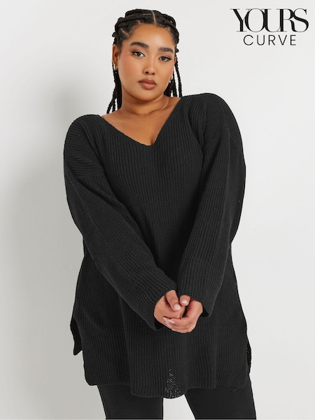 Yours Curve Black Oversized V-Neck Jumper (AR7318) | £31
