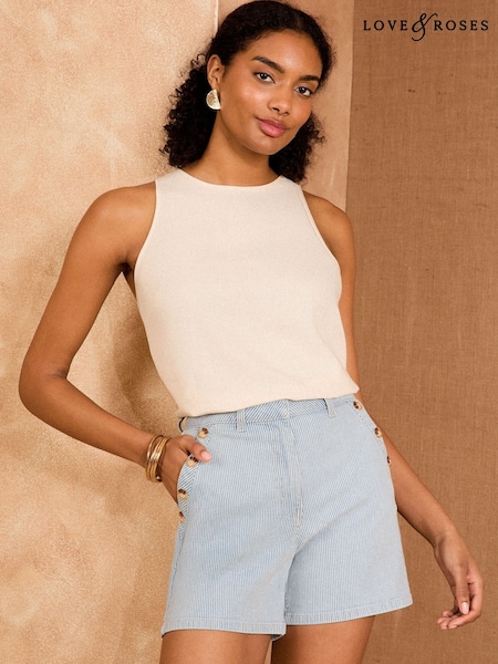 Love & Roses Blue Stripe Denim Sailor Button Detail Shorts (AR7668) | £35