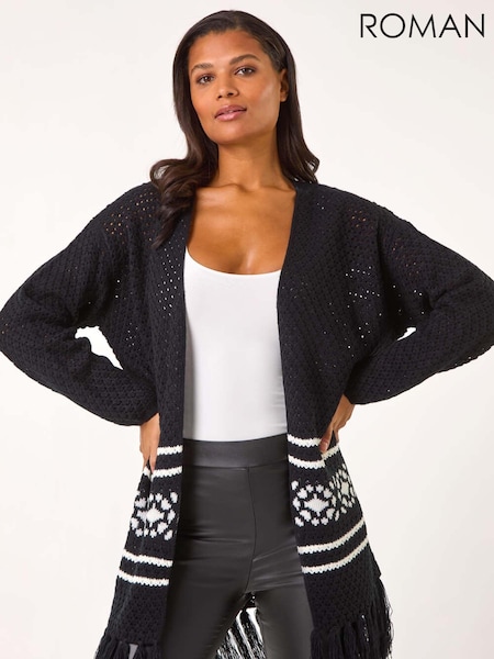 Roman Black Jacquard Fringe Hem Knit Cardigan (AR7732) | £48