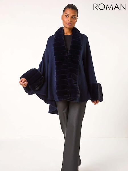 Roman Blue Faux Fur Trim Knitted Poncho (AR7740) | £58