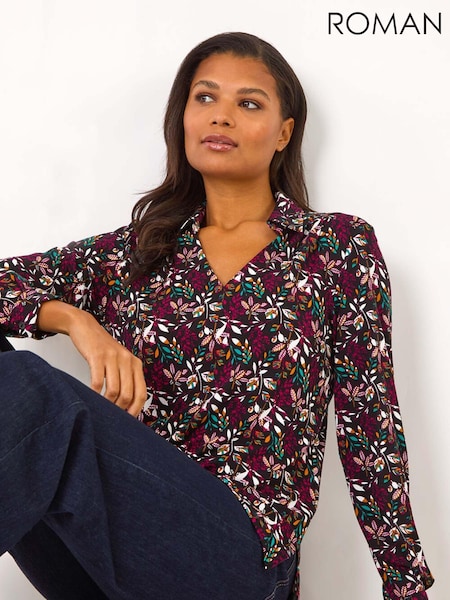 Roman Red Leaf Print Collared Stretch Top (AR7747) | £40
