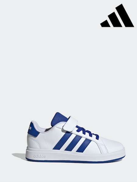 adidas White/Blue Grand Court 2.0 Easy On Kids Trainers (AR8156) | £28