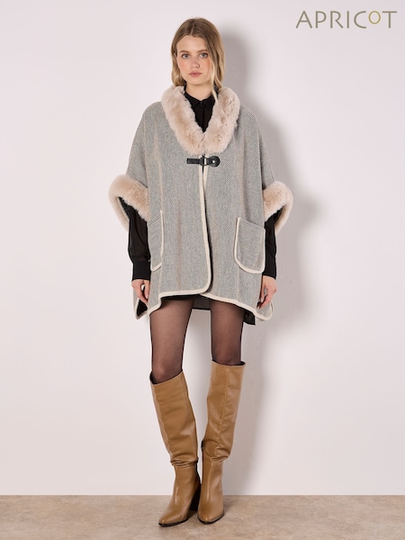 Apricot Natural Faux Fur Trim Side Slit Two Pocket Cape (AR8337) | £49