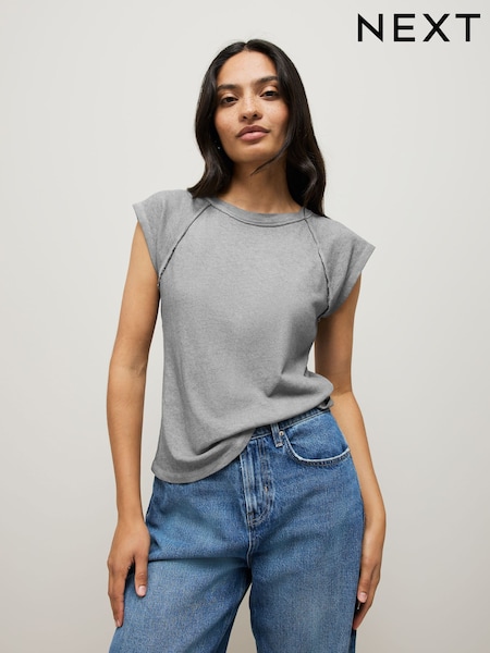 Charcoal Grey Washed Open Seam Detailing Raglan Short Sleeve Crew Neck T-Shirt (AR8733) | £18