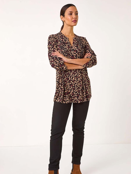 Roman Brown Leaf Print Pintuck Pleat Tunics (AR8784) | £42