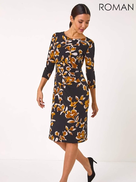 Roman Yellow Abstract Side Ruched Dress (AR8790) | £50