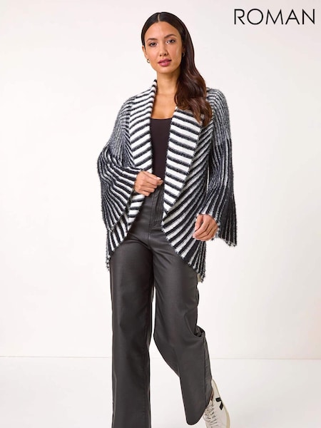 Roman Black Shawl Fluffy Striped Knit Cardigan (AR8793) | £45