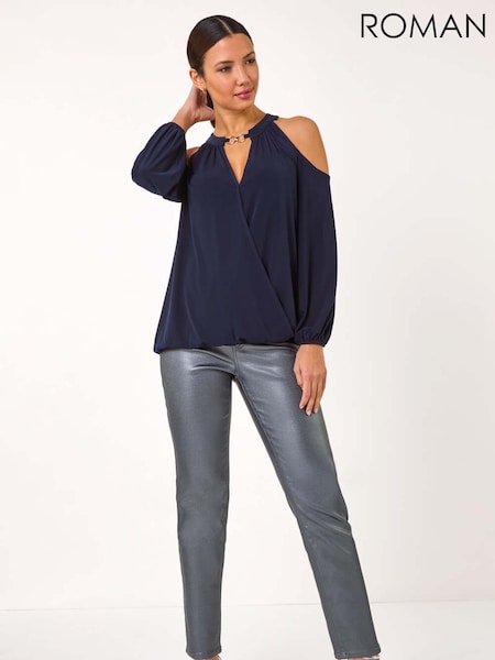 Roman Blue Cold Shoulder Wrap Stretch Top (AR8802) | £40