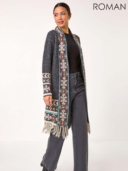 Roman Grey Nordic Pattern Fringe Hem Cardigan (AR8816) | £55