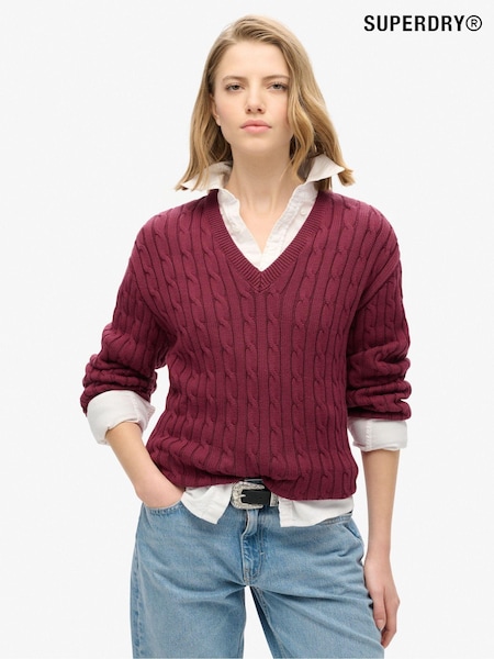 Superdry Red Oversized V-Neck Cable 100% Cotton Jumper (AR9065) | £45