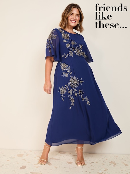 Friends Like These Navy Chiffon Angel Sleeve Embellished Midi Dress (AR9350) | £98