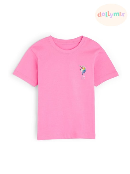 Personalised Girls Embroidered Unicorn 100% Cotton Pink T-Shirt by Dollymix (AR9426) | £18