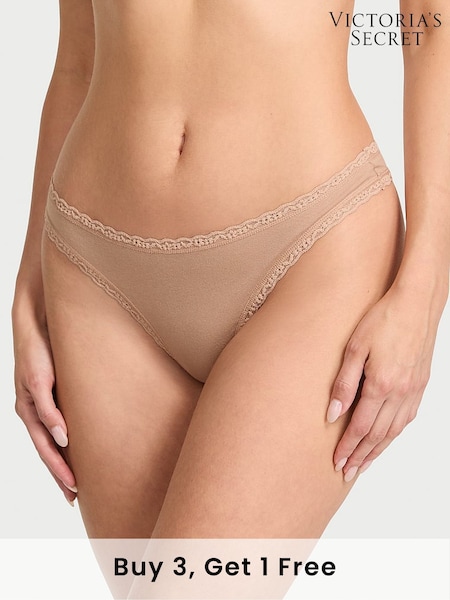 Victoria's Secret Praline Nude Thong Cotton Lace Waist Knickers (AR9438) | £9