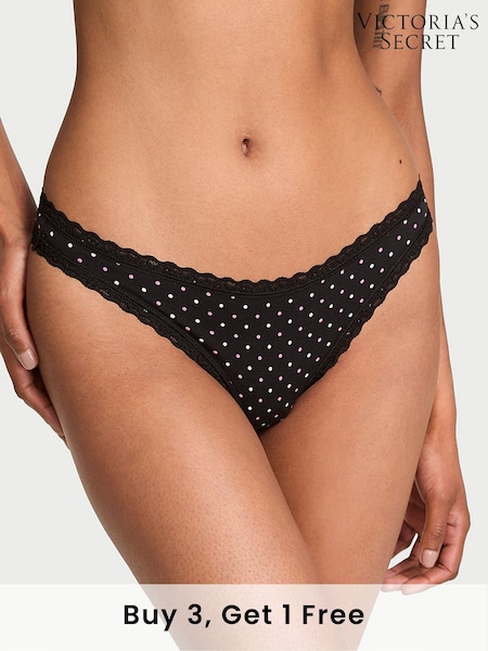 Victoria's Secret Black Multicolour Dot Thong Cotton Lace Waist Knickers (AR9442) | £9