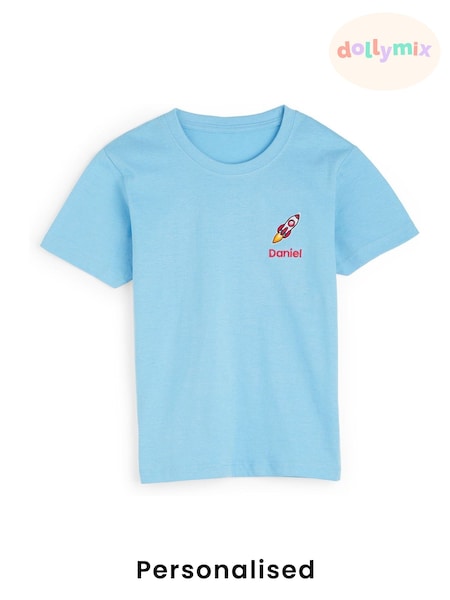 Personalised Boys Blue Embroidered Rocket 100% Cotton T-Shirt by Dollymix (AR9446) | £18