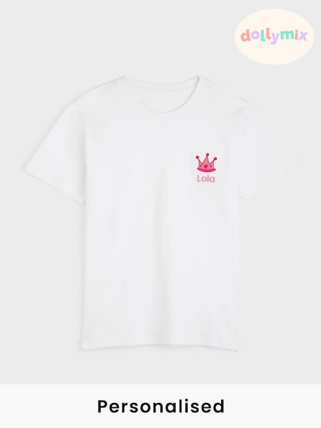 Personalised Girls Embroidered Crown 100% Cotton White T-Shirt by Dollymix (AR9454) | £18