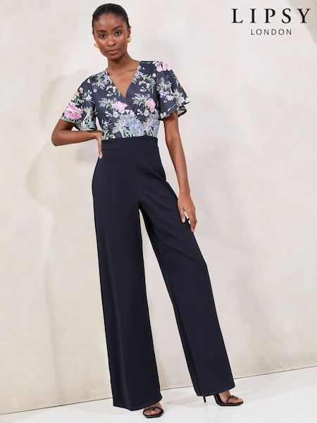 Lipsy Navy Floral Short Sleeve 2-in-1 V-Neck Jumpsuit (AR9482) | £58