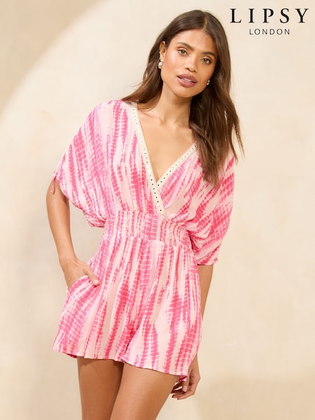 Lipsy Pink Tie Dye Printed V-Neck Kimono Crinkle Playsuit (AR9524) | £39