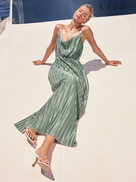 Lipsy Blue Shell Trim Strappy Plisse Cowl Neck Maxi Dress (AR9542) | £88