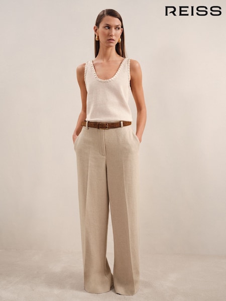 Reiss Neutral Devon Petite Linen-Blend Wide-Leg Trousers (AR9551) | £168