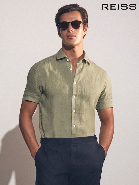 Reiss Thyme Green Holiday Linen Short-Sleeve Shirt (AR9560) | £88