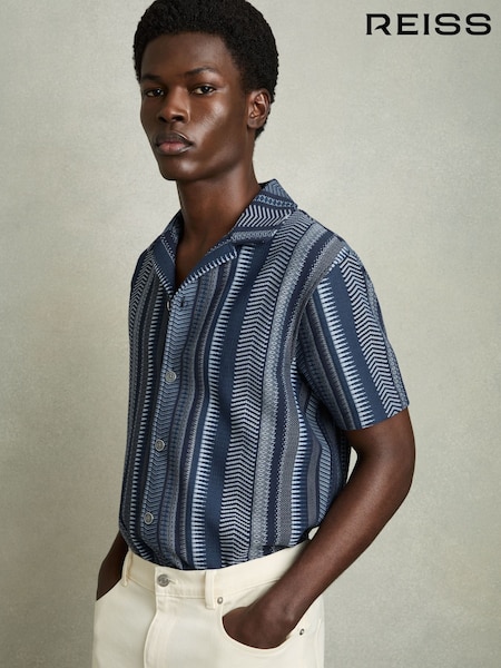 Reiss Navy Archer Aztec-Stripe Cuban-Collar Shirt (AR9584) | £88