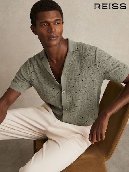 Reiss Sage Green Royce Pointelle Button-Through Shirt (AR9600) | £120