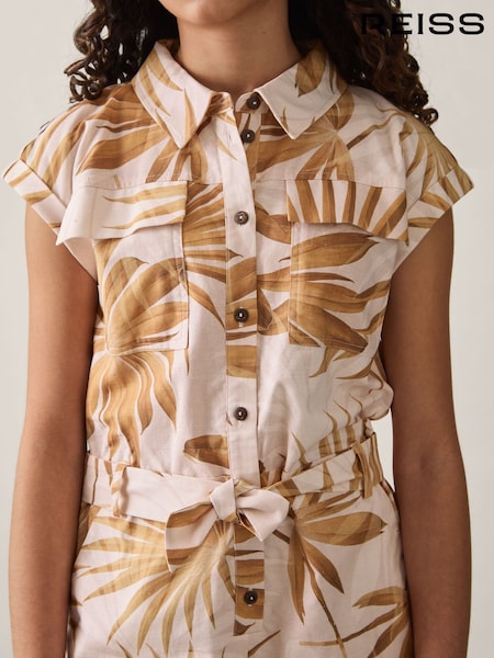 Reiss Multi Zoey Cotton-Linen Palm-Print Playsuit (AR9609) | £76
