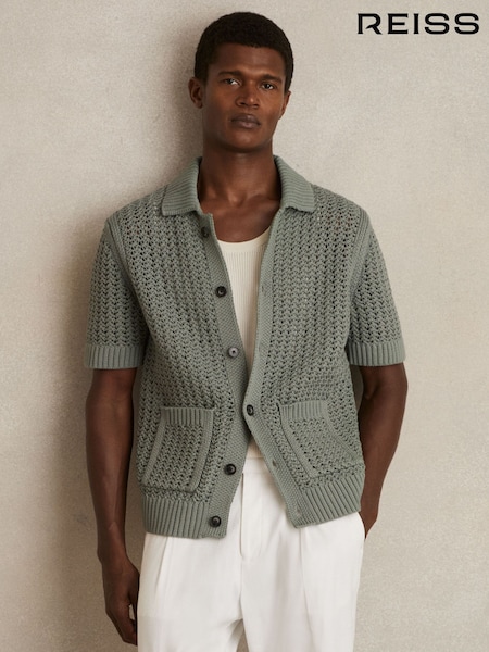 Reiss Sage Green Amir Crochet Button-Through Shirt (AR9620) | £130