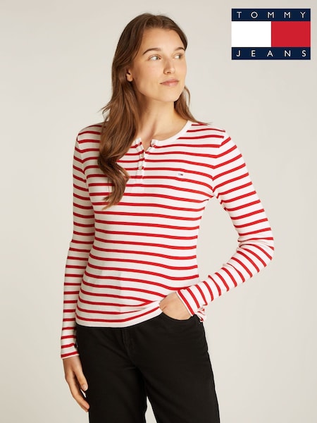Tommy Jeans Red 100% Cotton Button Rib T-Shirt (AR9850) | £35
