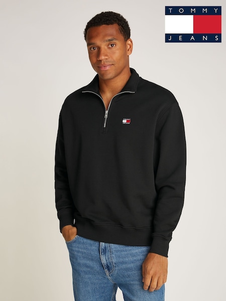 Tommy Jeans Black Black Badge Quarter Zip 100% Cotton Sweatshirt (AR9860) | £85