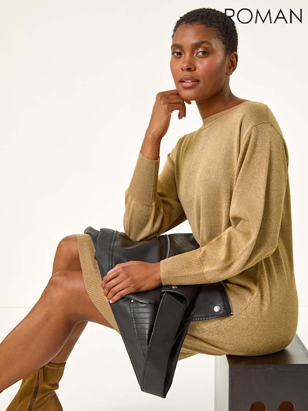 Roman Yellow Shimmer Slash Neck Jumper Dress (AR9908) | £42