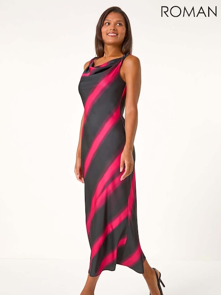 Roman Black Stripe Print Satin Twist Strap Midi Dress (AT0018) | £65