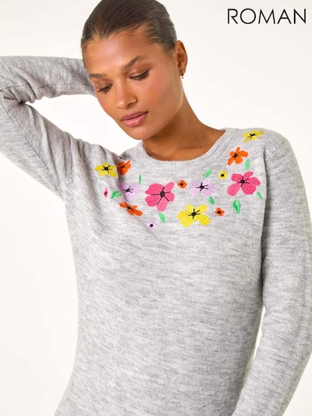 Roman Grey Floral Embroidered Crew Neck Sweater (AT0021) | £40