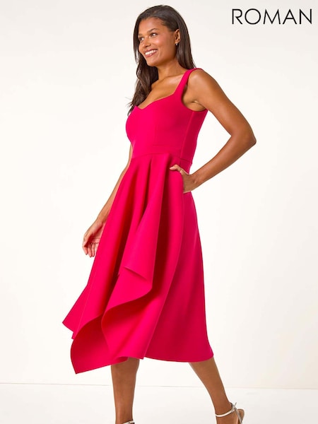 Roman Pink Asymmetric Flared Hem Midi Dress (AT0032) | £70