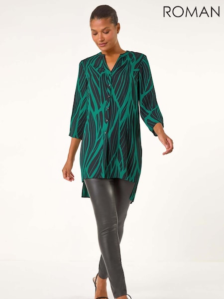 Roman Green Abstract Print V-Neck Longline Blouse (AT0040) | £38