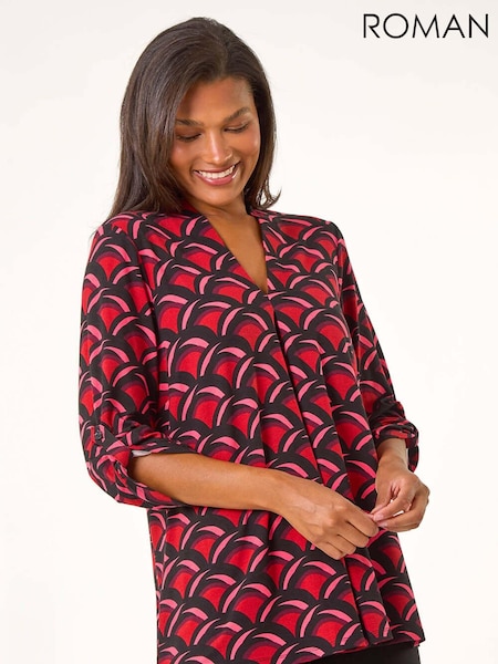 Roman Red Abstract V-Neck Pleat Front Stretch Top (AT0043) | £35