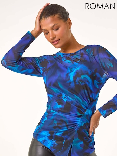 Roman Blue Blurred Print Ruched Stretch Mesh Top (AT0053) | £35
