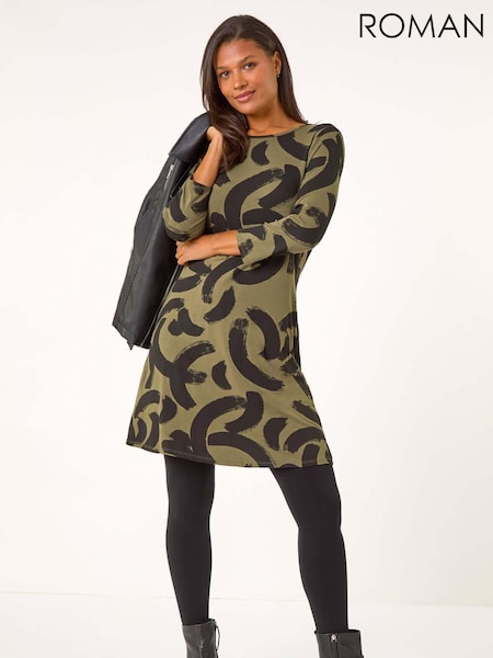 Roman Green Brushstroke A-Line Stretch Dress (AT0060) | £42