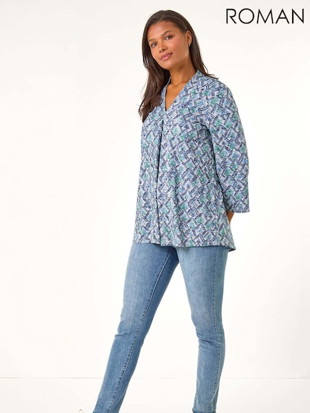 Roman Blue V-Neck Pleat Front Jersey Top (AT0069) | £35