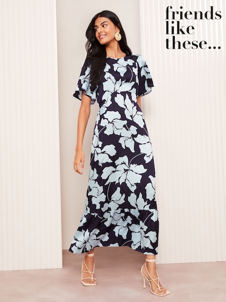 Friends Like These Navy Blue Floral Petite Satin Angel Sleeve Empire Midi Dress (AT0457) | £49