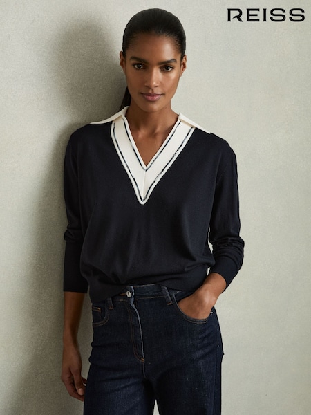 Reiss Navy/White Nina Wool Collared Cricket Jumper (AT0654) | £120