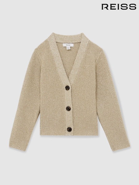 Reiss Gold Mika 13-14 yrs Metallic-Knit V-Neck Cardigan (AT0655) | £53