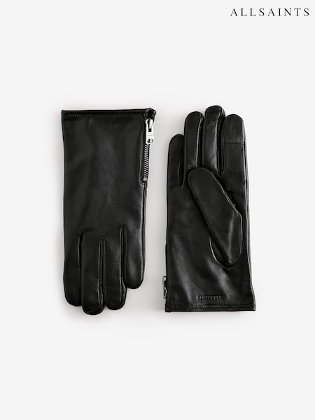 AllSaints Black Leather Gloves with Branded Zip Pull & Touch Tips (AT0735) | £95